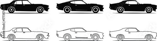 A comprehensive collection of classic automobile silhouettes featuring iconic sedan sporty coupe and powerful muscle car designs perfect for automotive enthusiasts and graphic design projects
