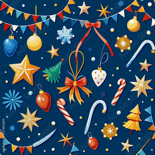 Festive Holiday Background Pattern with Garlands and Tinsel