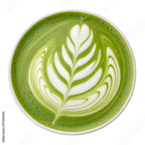 Matcha Green Tea Latte with Leaf Latte Art in Milk Foam, Top View Isolated on White Background