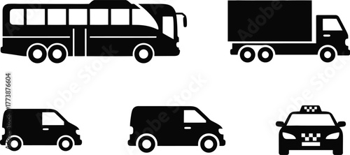 Collection of modern silhouette icons representing various transportation vehicles including a bus truck van and taxi ideal for web and print design projects