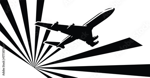 Vintage airliner soaring through a vibrant retro sunburst evoking nostalgia for classic aviation and travel