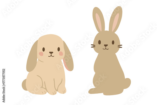 Charming pair of cute cartoon rabbits featuring a lop-eared bunny and a standing rabbit