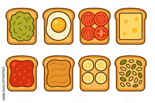 Eight slices of toast with various breakfast and snack toppings arranged in a grid