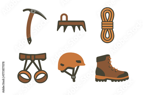 Essential gear set for mountaineering and climbing featuring ice axe, crampons, rope, harness, helmet, and hiking boot