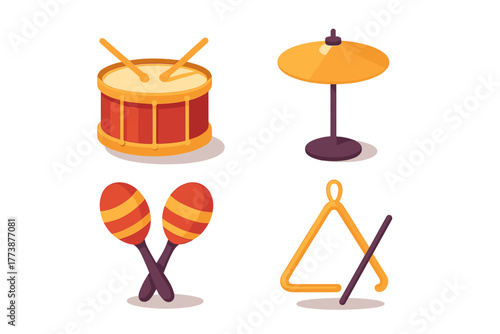 Isometric set of musical percussion instruments drum cymbal maracas triangle