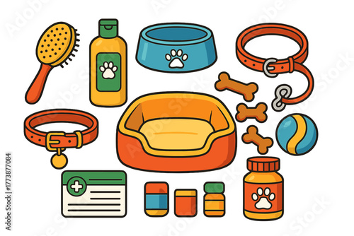 Collection of essential dog care supplies including bed, food bowl, grooming tools, collars, toys, and veterinary medicine