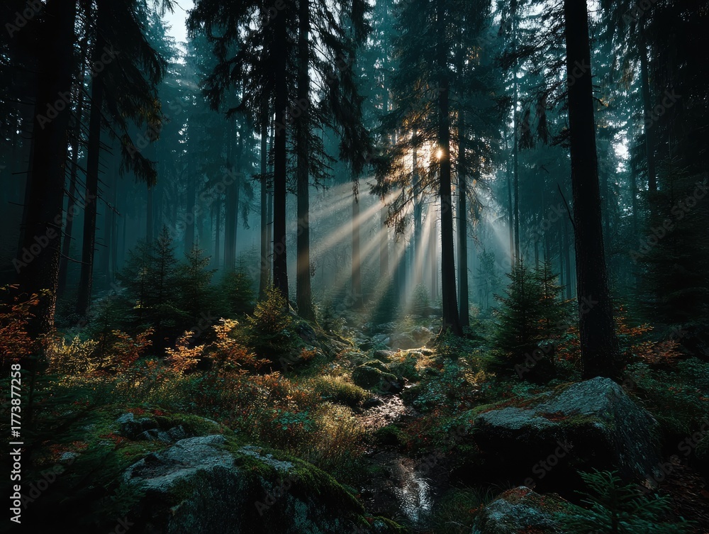 Fototapeta premium A cinematic forest scene enveloped in dense fog a single beam