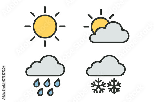 Set of essential weather forecast icons showing sun, clouds, rain, and snow for digital apps