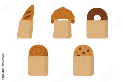 Collection of various fresh baked goods and pastries packaged in brown paper bags