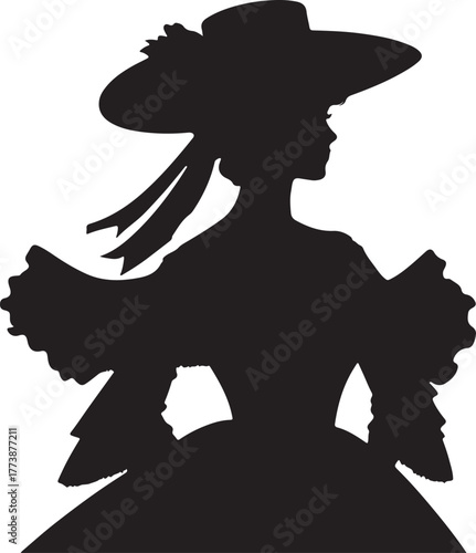 A silhouette of a female figure dressed in 1800s Australian fashion, showcasing a large hat and elaborate dress.