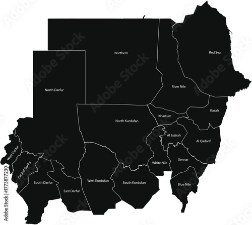Detailed Map of Sudan with Administrative Borders and Internal Regions in Black Layout