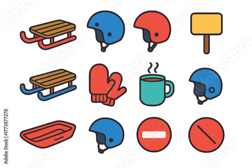 Winter sports equipment and safety symbols including sleds helmets mittens hot beverage and warning signs