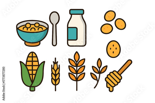 Set of outlined breakfast food icons including cereal bowl, milk, corn, wheat, and honey dipper