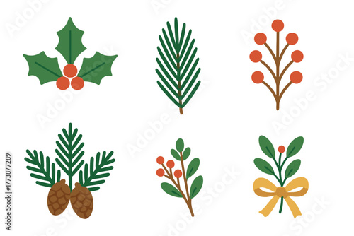 Festive winter holiday foliage elements set with holly, pine branches, berries, and cones