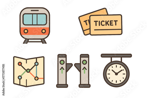 Public transport and travel icons set featuring train, tickets, route map, and turnstiles