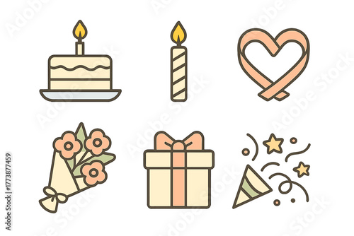 Pastel celebration icons set with birthday cake, burning candle, heart ribbon, flower bouquet, gift box, and party popper