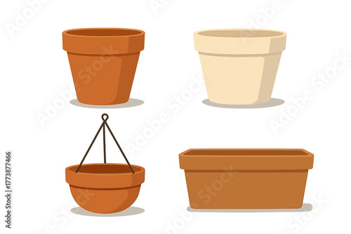 Empty terracotta and ceramic gardening pots and planters set for flowers and herbs