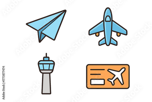 Set of air travel and aviation elements: airplane, paper plane, control tower, boarding pass