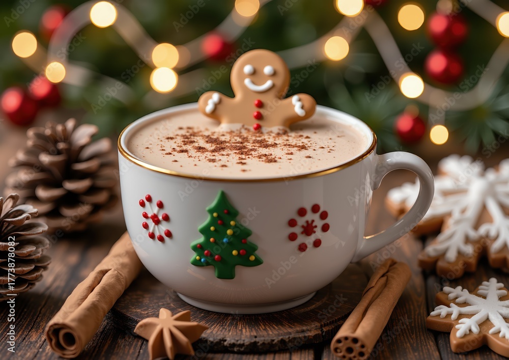 Fototapeta premium Festive christmas cup with gingerbread man and holiday decor in cozy setting