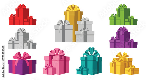 A vibrant collection of illustrated gift boxes in various colors and sizes, perfect for holiday celebrations, birthdays, and special occasions, presented on a clean white background.