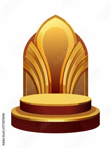 Award winning gold and red podium stage illustration, a sophisticated platform for recognition and achievement