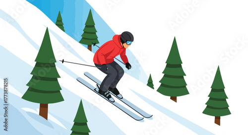An illustration depicts a skier in a red jacket gracefully descending a snowy mountain slope amidst evergreen trees, capturing the essence of winter sports and outdoor adventure.