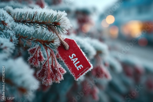 A close-up of frosted evergreen branches with a bright red sale mark