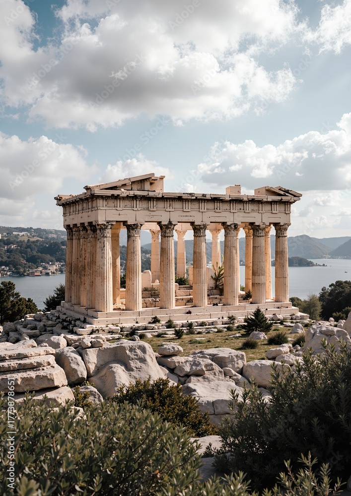 Fototapeta premium Ancient greek temple ruins with dramatic sky and scenic landscape in background