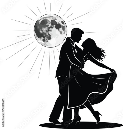 Silhouette of a couple dancing under a full moon isolated on white background.