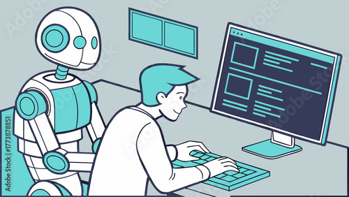 Robot and Human Coding Together — AI Collaboration Vector Illustration