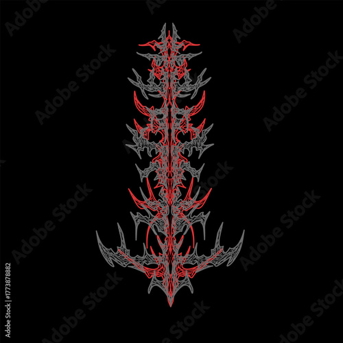 Neo tribal ornamental symmetrical design with sharp red and gray abstract shapes forming a powerful vertical pattern.