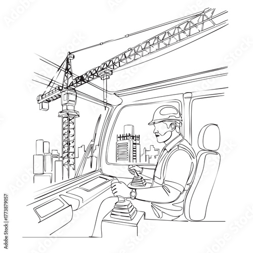A skilled construction worker meticulously operates a towering crane from the cabin, overseeing the development of a modern cityscape.