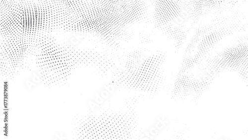 Abstract digital halftone wave pattern with black and gray dots on white background. Grayscale abstract dotted landscape background with futuristic wave texture. 