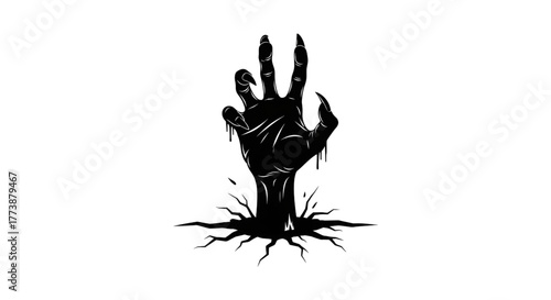 Terrifying zombie hand emerging from the earth, perfect for Halloween graphics, horror themes, and spooky designs, with its creepy, clawed, reaching fingers