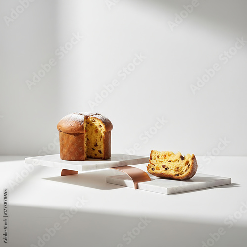 Traditional Italian Panettone sweet bread dessert, presented whole with a slice on elegant marble serving platters in a bright studio setting with copy space.