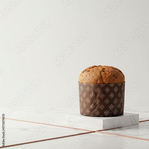 Traditional Italian Panettone Christmas cake in decorative packaging displayed elegantly on a white marble pedestal in a bright, modern studio.