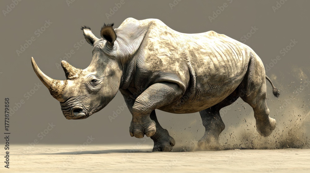 Fototapeta premium A white rhinoceros running on a sandy ground with a grey background.