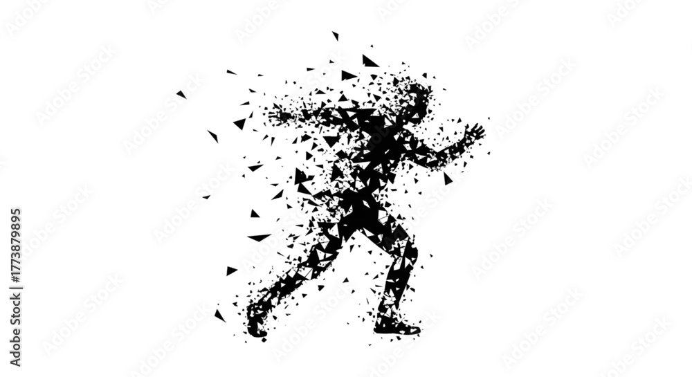 Obraz premium Dynamic runner in shattered vector art sprinting forward with energy, perfect for athletic brands, fitness promotions, or conceptual designs about progress