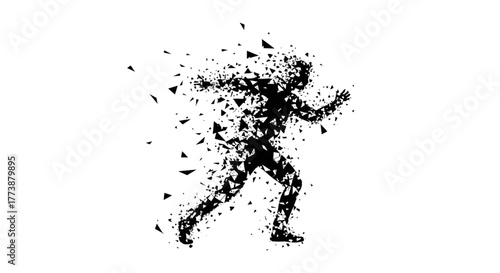 Dynamic runner in shattered vector art sprinting forward with energy, perfect for athletic brands, fitness promotions, or conceptual designs about progress