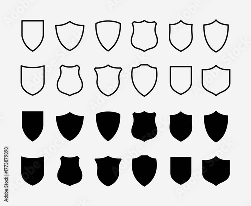 Shield Icon Bundle Set in Line Art and Solid Style for Logo, Badge, and Emblem Design