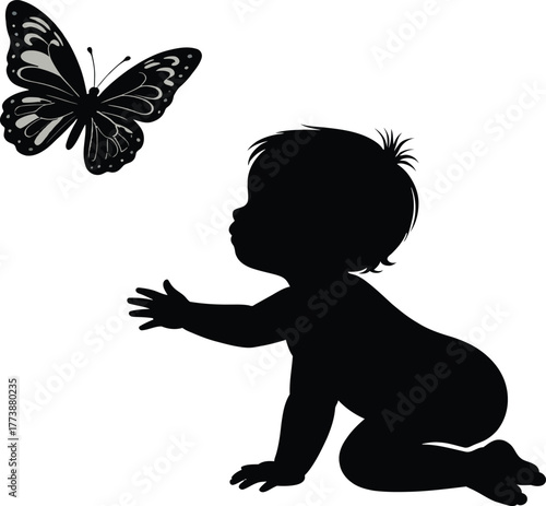 Baby silhouette reaching toward butterfly, black white nursery wall art, childhood innocence, playful kids room decor, vector illustration, minimalist