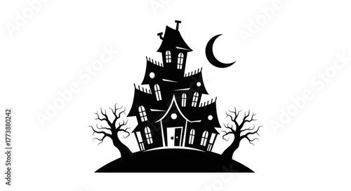 Spooky haunted house silhouette under crescent moon, perfect for Halloween designs, invitations, and creepy creative projects, originally scalable vector graphic