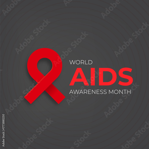 World AIDS awareness month square banner with red ribbon. World HIV awareness month starts in December. Red ribbon with text isolated on grey background. World AIDS Day December 1st