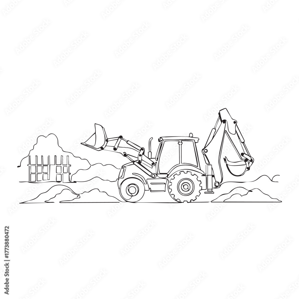 Naklejka premium A clear line art drawing features a powerful backhoe loader diligently excavating earth on a dynamic construction site, representing heavy machinery in action.