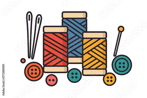 Colorful spools of thread, sewing needles, buttons, and a straight pin for tailoring