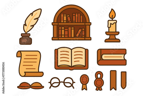 Vintage academic and literary icons featuring books, quill pen, inkwell, candle, and scroll