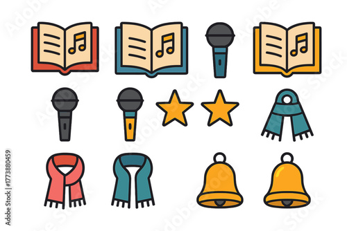 Colorful Christmas caroling elements including songbooks microphones scarves stars and bells