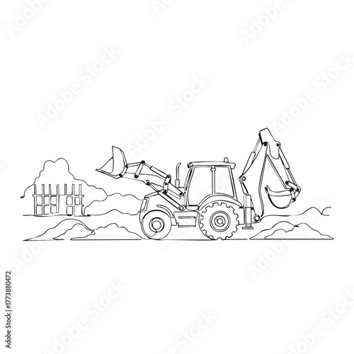 A clear line art drawing features a powerful backhoe loader diligently excavating earth on a dynamic construction site, representing heavy machinery in action.