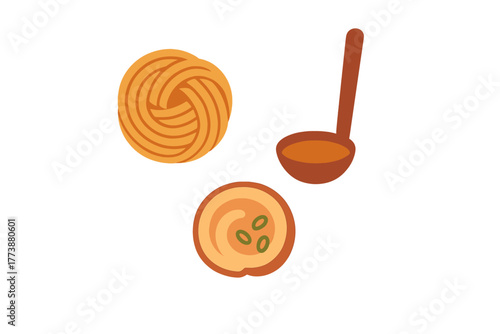 Minimalist icons of a woven noodle nest, ladle with broth, and bowl of creamy soup