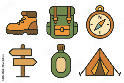Essential outdoor adventure and hiking equipment set featuring boot, backpack, compass, tent, and canteen